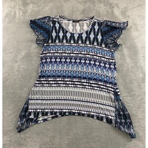 Fylo London Blue‎ Geometric Handkerchief Hem Tunic Flutter Sleeve Top Womens L